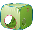 A square green children's folding tent with circular holes for play, against a white background.