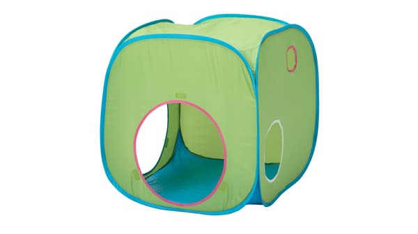 A square green children's folding tent with circular holes for play, against a white background.