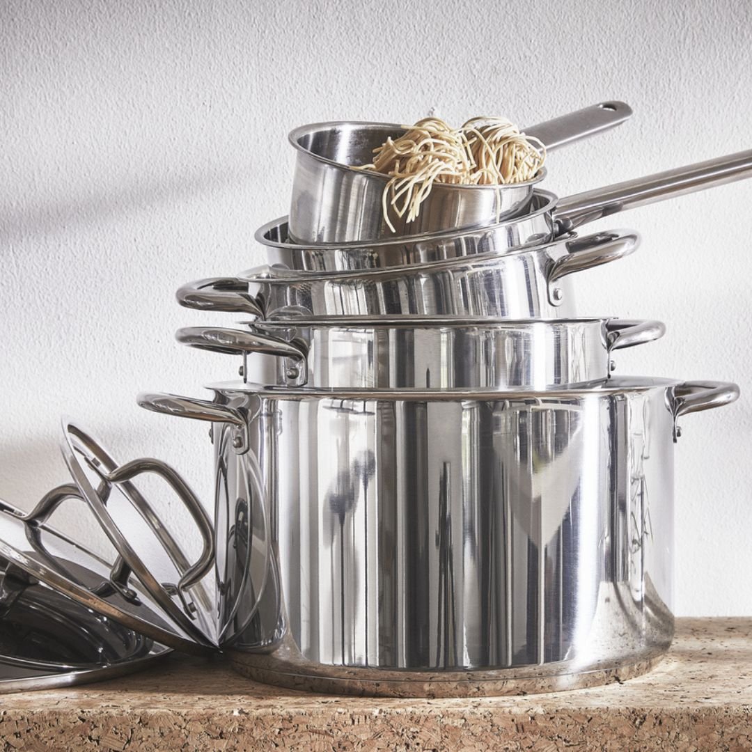 A stainless steel IKEA 365+ 9-piece cookware set