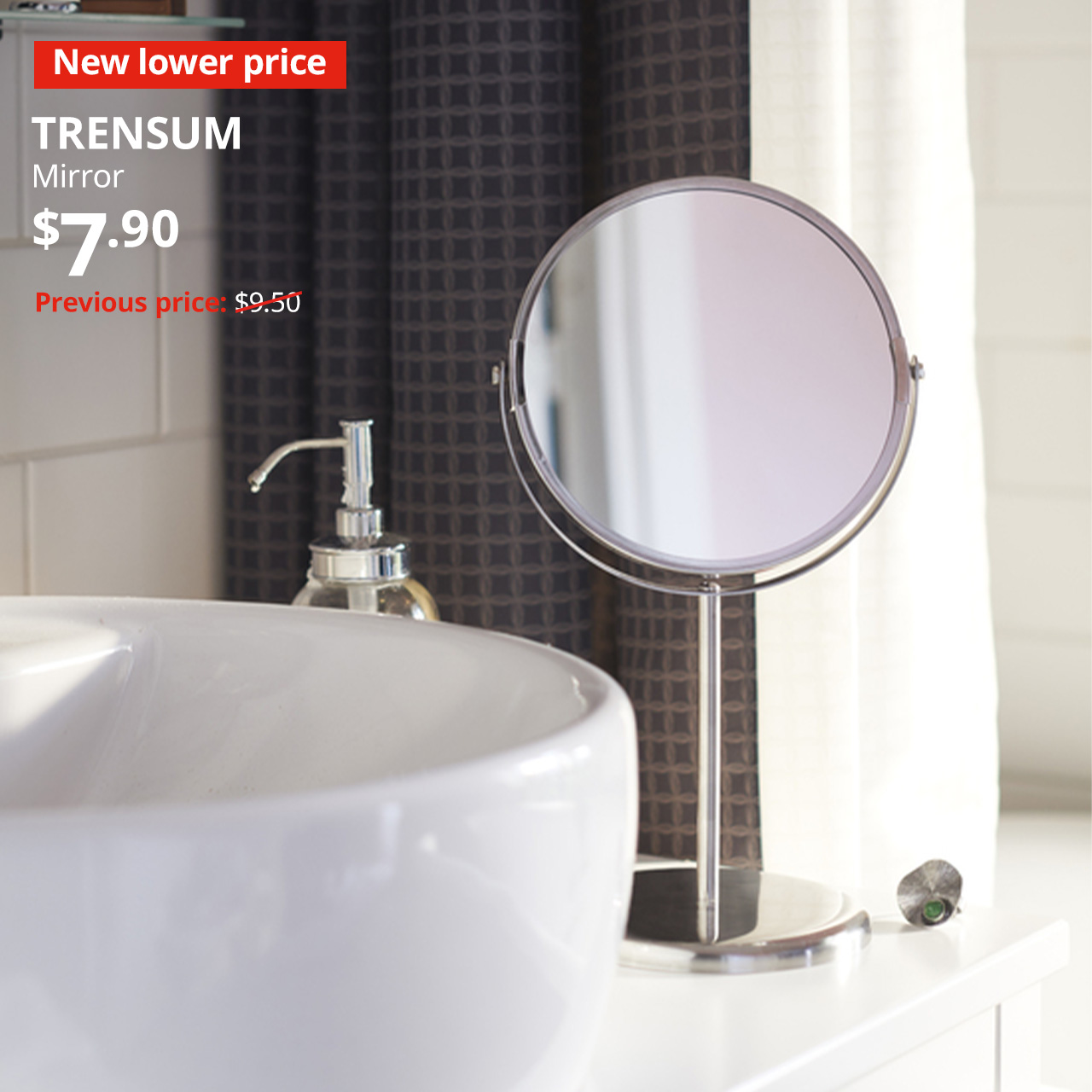 A stainless steel TRENSUM mirror on the bathroom counter next to the sink in the bathroom setting. Text on image reads "New lower price, TRENSUM, Mirror, $7.90, Previous price $9.50"
