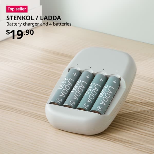 A STENKOL battery charger and four LADDA batteries placed on the desk. A red "Top seller" label is on the top left of image, with black text below that reads: STENKOL / LADDA, Battery charger and 4 batteries. $19.90