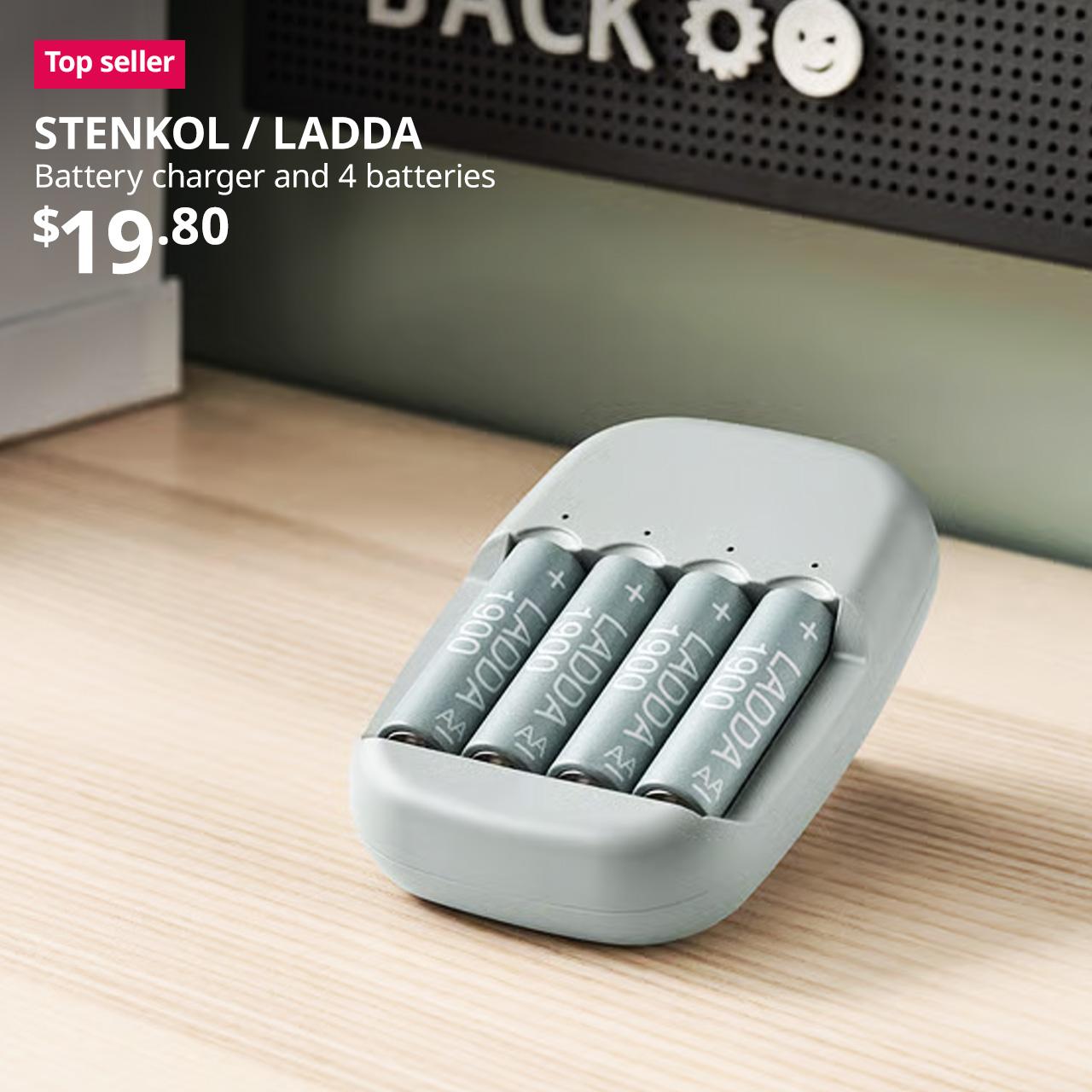 A STENKOL battery charger and four LADDA batteries placed on the desk. A red "Top seller" label is on the top left of image, with black text below that reads: STENKOL / LADDA, Battery charger and 4 batteries. $19.90