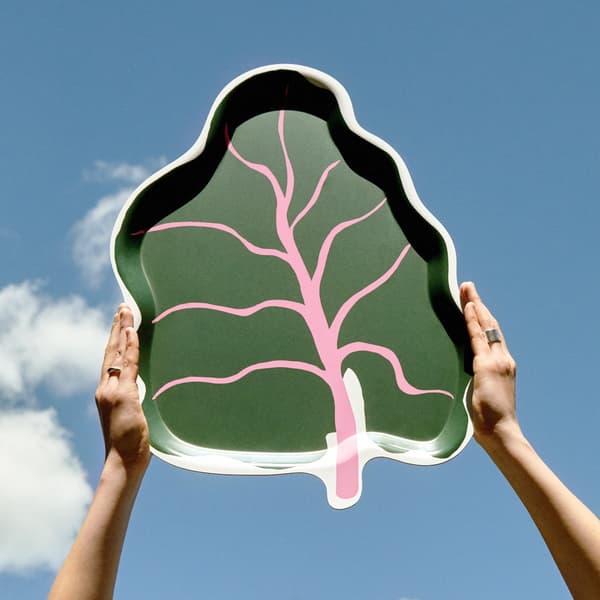 A still from the collection film highlighting the pink, blue and green BASTUA pattern with large rhubarb leaves.