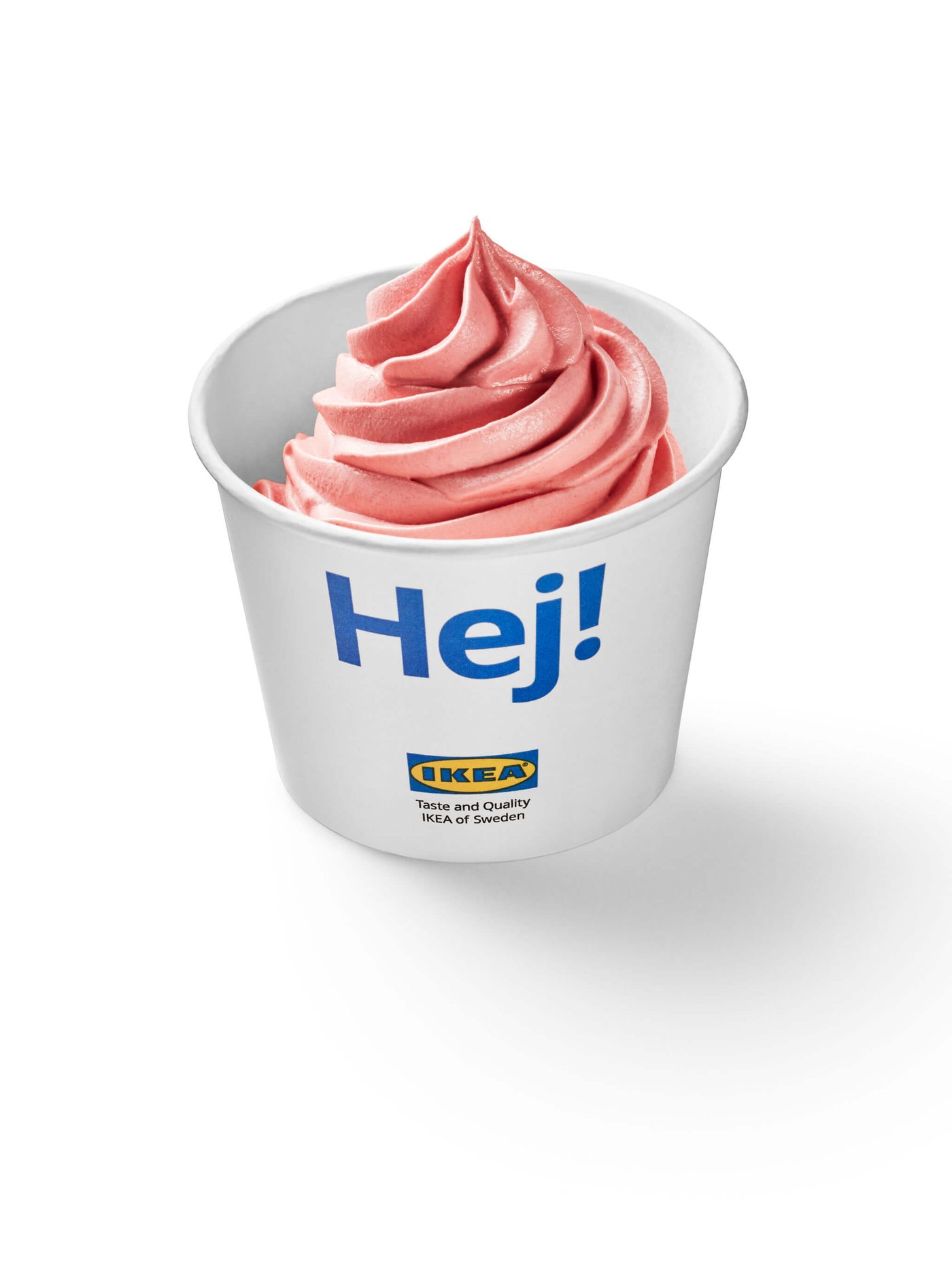 A strawberry soft ice in a white container with the word "Hej" on a white background