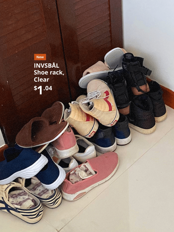 A string of shoes and slippers placed on an INVSBÅL Clear Shoe rack inside a house next to a wooden wardrobe