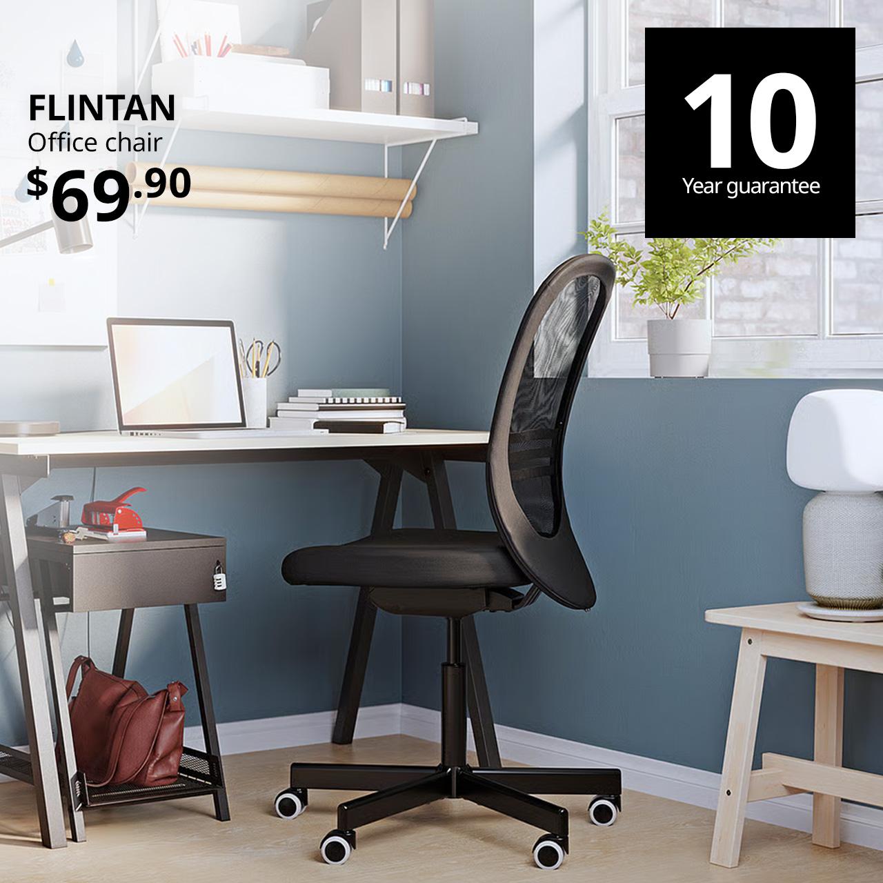 A study room setting featuring FLINTAN office chair in black. On the top left corner, black text overlay image that reads 'FLINTAN, Office chair, $69.90'. A 10-year guarantee icon is seen on the top right corner.  