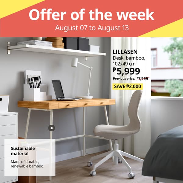 A stylish bamboo desk with a chair in a bright room, promoting the LILLÅSEN desk sale, offering a ₱2,000 discount.