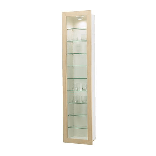 A tall cabinet with a glass door that has a wooden frame around the glass, against a white background.