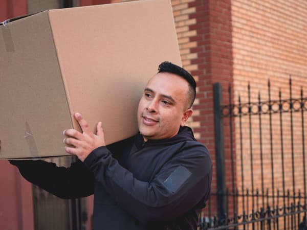 A Taskrabbit Tasker carrying a packing carton on his shoulder.