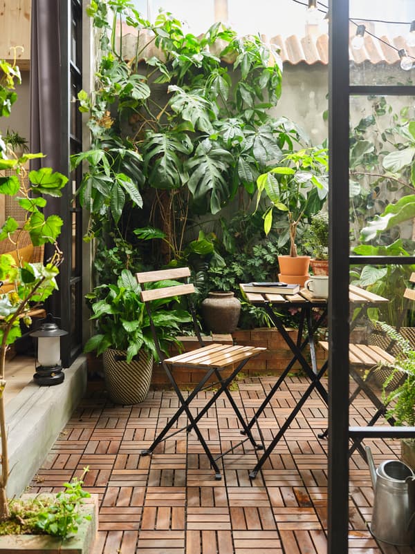 A terrace with RUNNEN wooden floor decking, plants of different sizes covering the walls, and TÄRNÖ outdoor acacia furniture.
