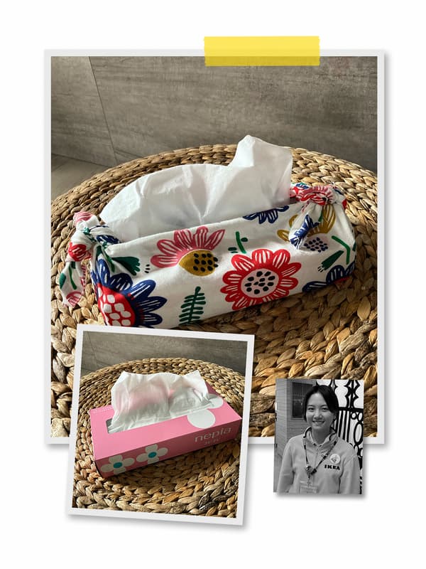 A three-image collage: a tissue box covered in colorful, patterned fabric, and an image of an IKEA co-worker.