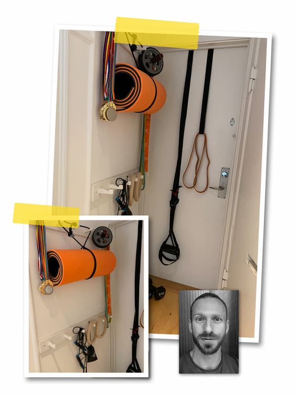 A three-image collage: gym equipment and a yoga mat hanging on hooks behind a door, and a portrait of an IKEA co-worker.