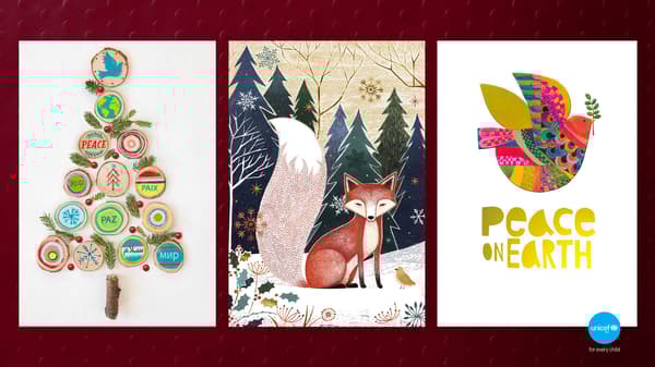 A three-image collage of holiday cards and UNICEF logo in the corner.