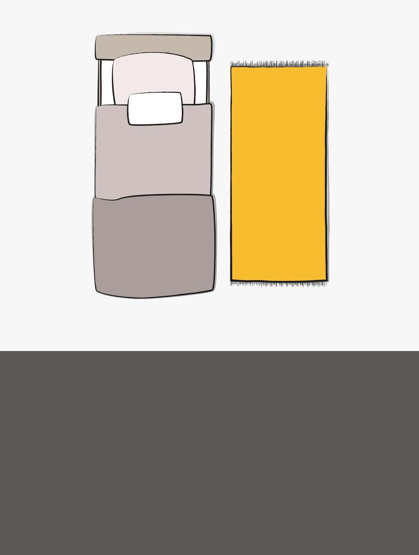 A top-down illustration of a bed with a yellow runner rug on the side.