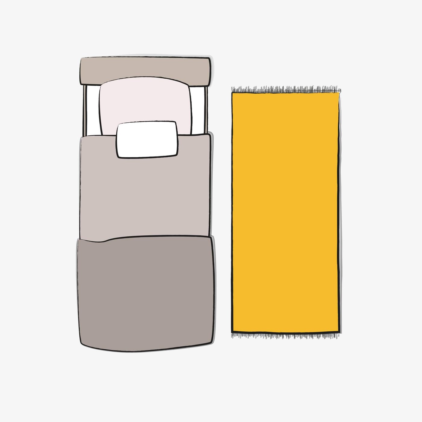 A top-down illustration of a bed with a yellow runner rug on the side.