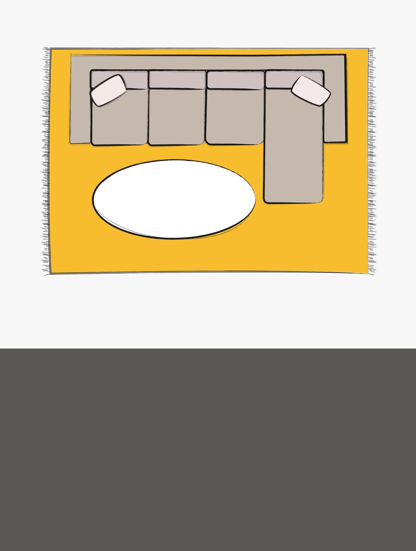 A top-down illustration of a sectional sofa with a yellow 8x10 rug underneath, featuring an oval coffee table in the middle.