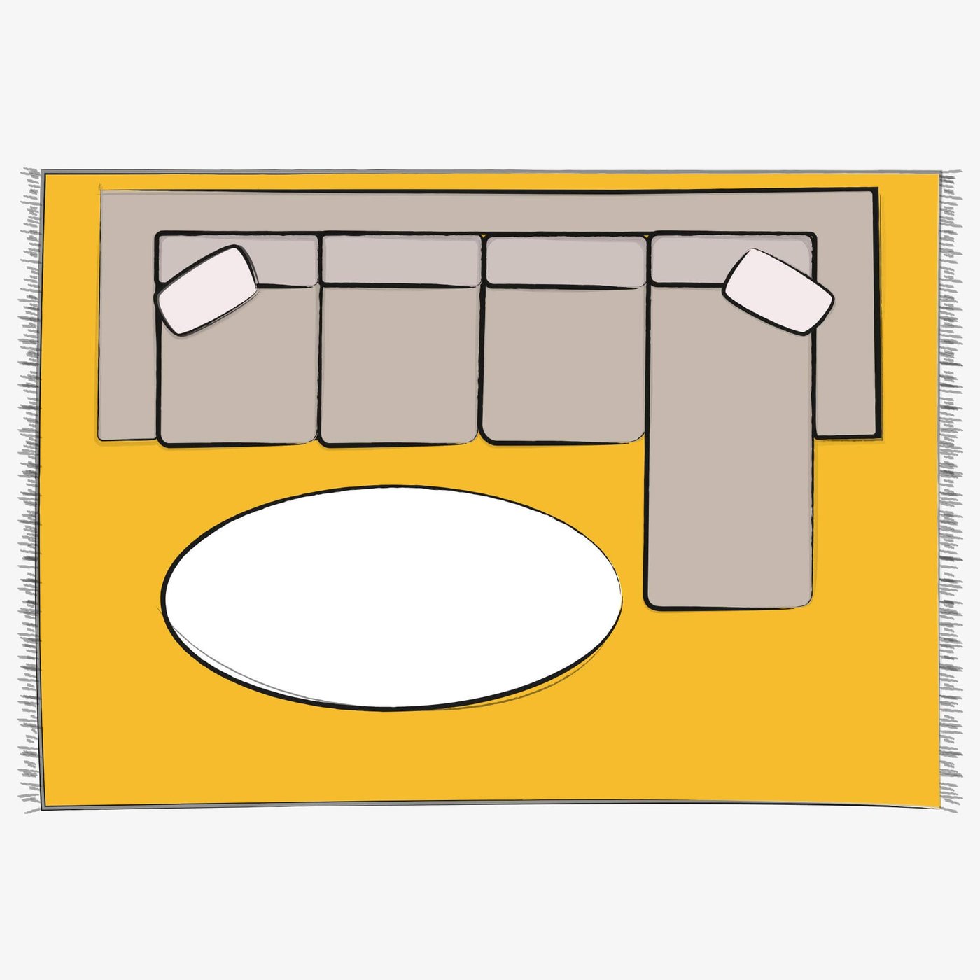A top-down illustration of a sectional sofa with a yellow 8x10 rug underneath, featuring an oval coffee table in the middle.