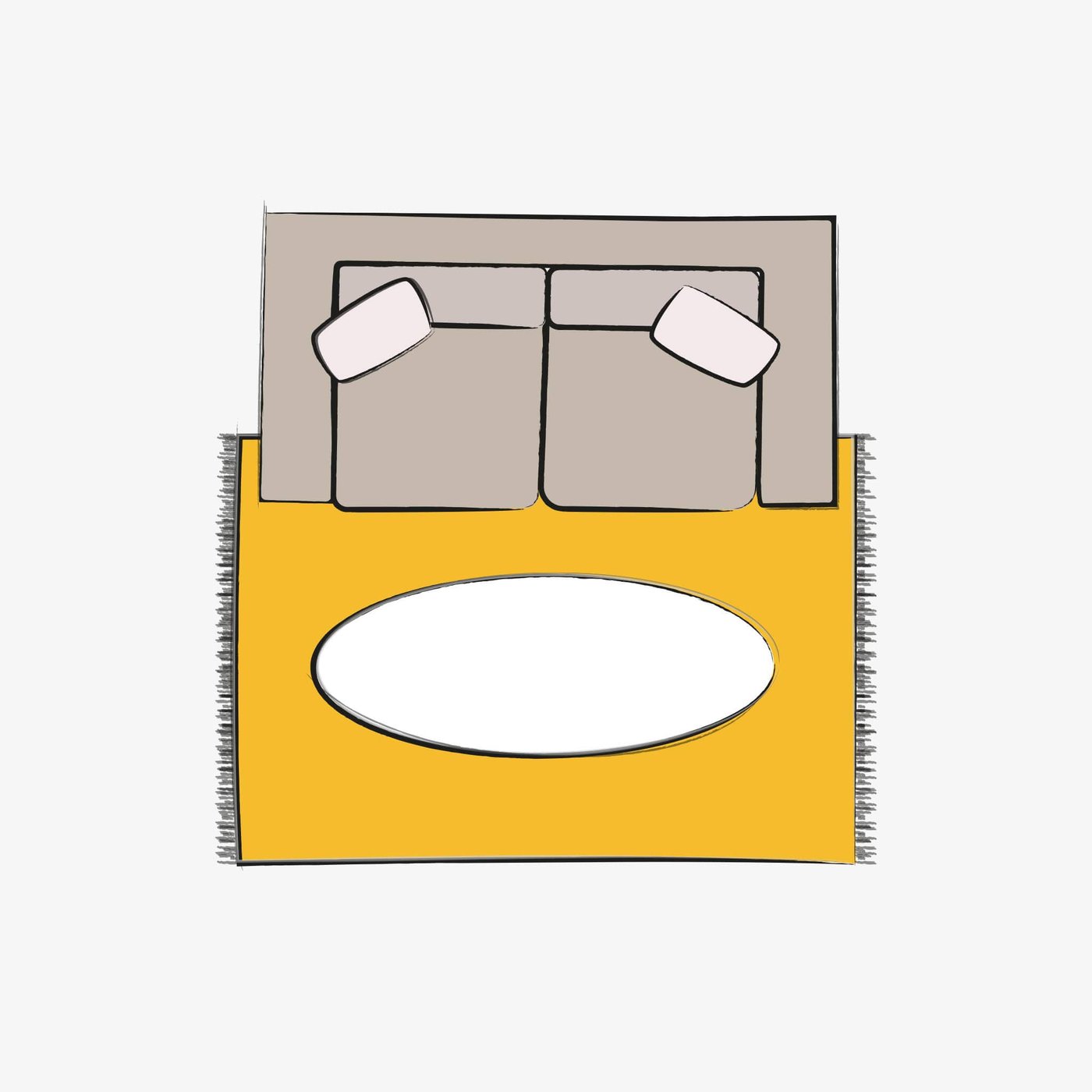 A top-down illustration of a sofa with a yellow 4x6 rug underneath, featuring an oval coffee table in the middle.