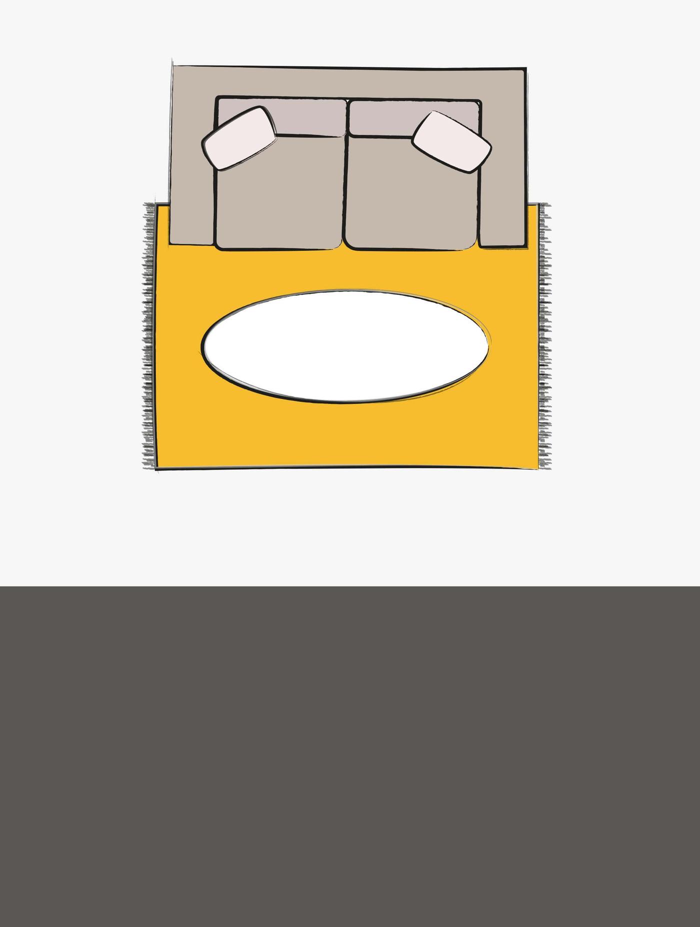 A top-down illustration of a sofa with a yellow 4x6 rug underneath, featuring an oval coffee table in the middle.