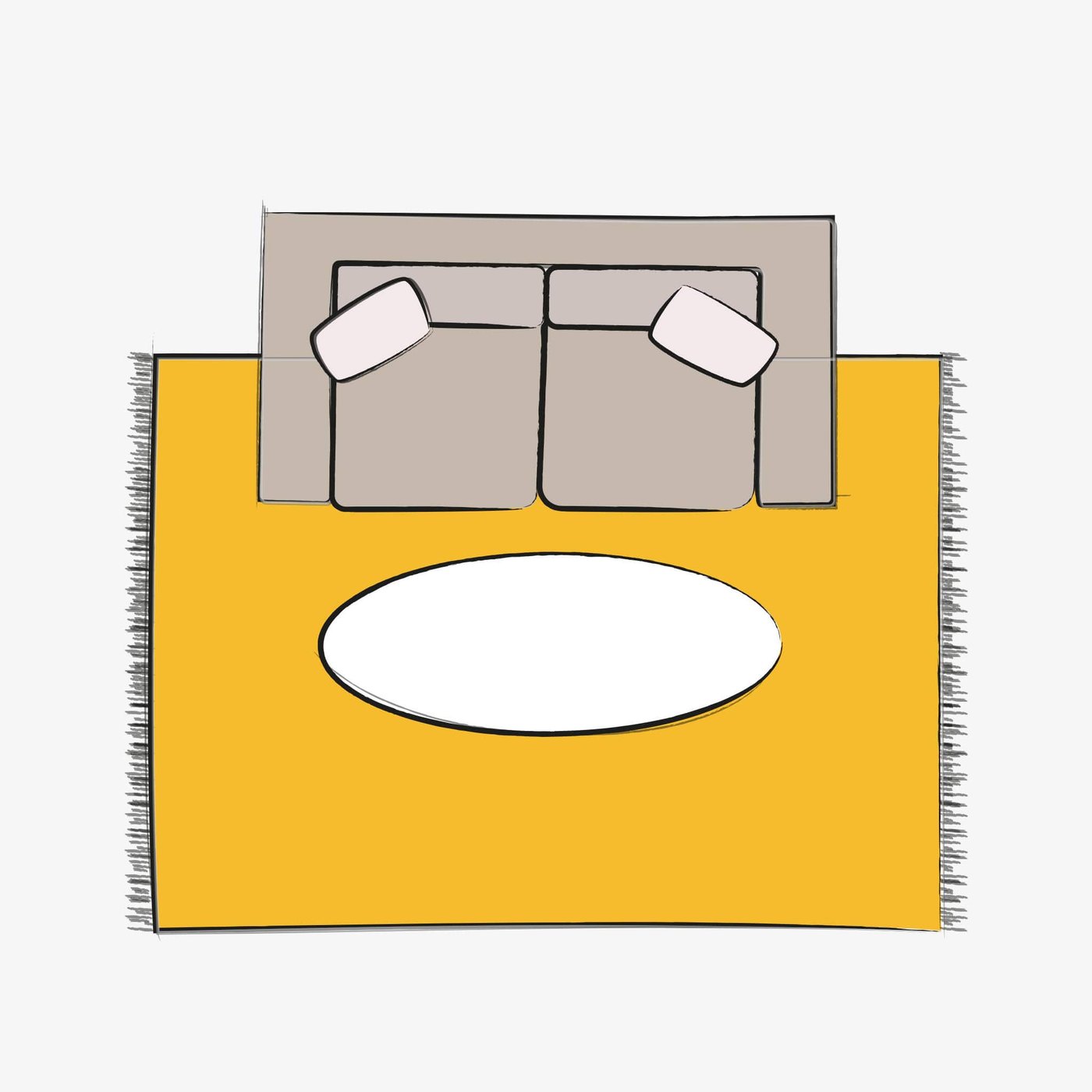 A top-down illustration of a sofa with a yellow 5x7 rug underneath, featuring an oval coffee table in the middle.