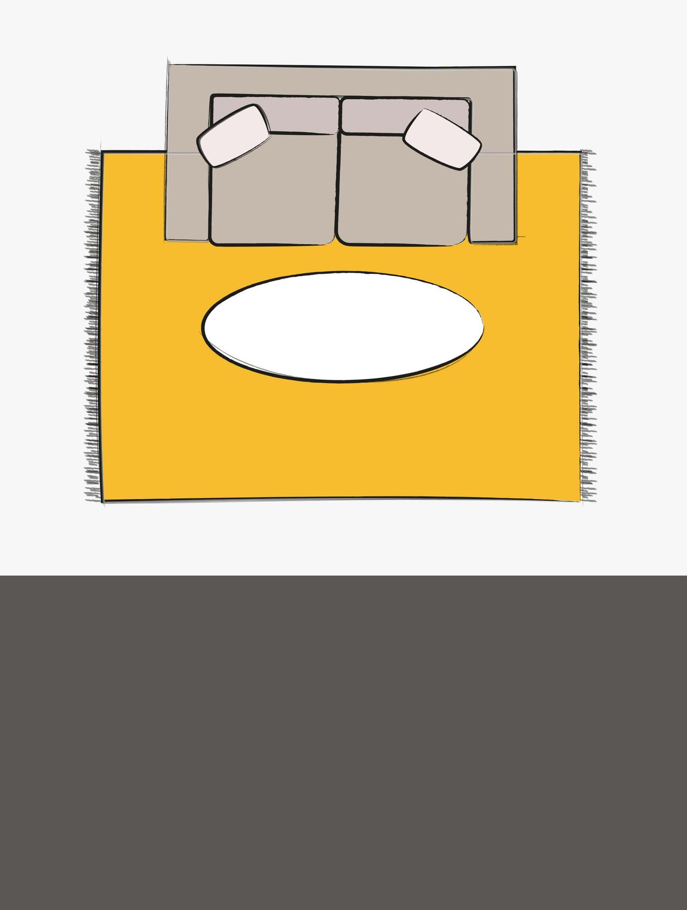 A top-down illustration of a sofa with a yellow 5x7 rug underneath, featuring an oval coffee table in the middle.