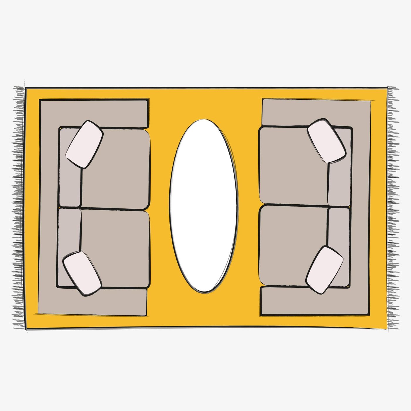 A top-down illustration of two sofas with a yellow 6x9 rug underneath, featuring an oval coffee table in the middle.