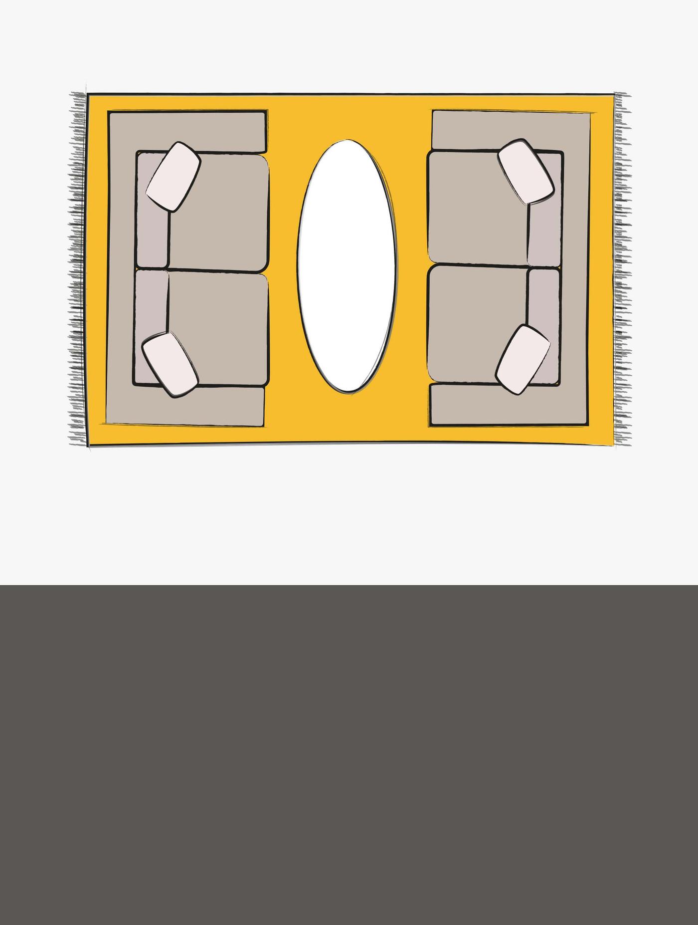 A top-down illustration of two sofas with a yellow 6x9 rug underneath, featuring an oval coffee table in the middle.