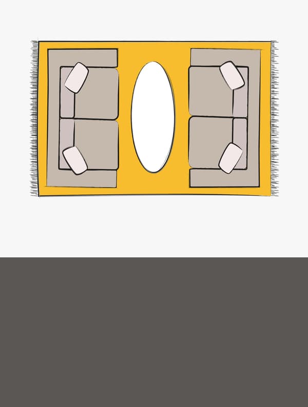A top-down illustration of two sofas with a yellow 6x9 rug underneath, featuring an oval coffee table in the middle.