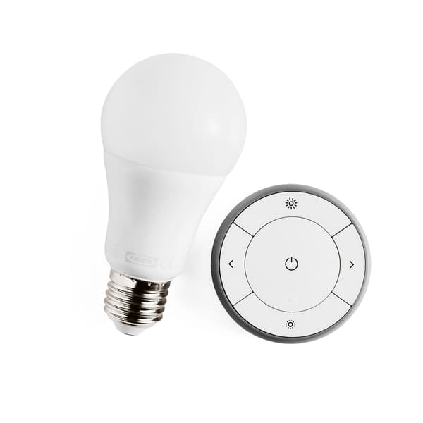 A TRÅDFRI smart remote control with one lightbulb.