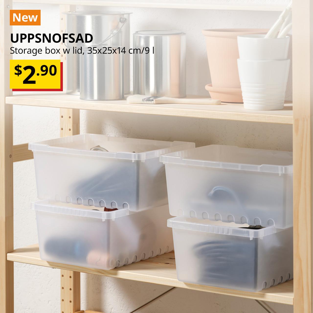 A transparent white UPPSNOFSAD storage box is being stacked on an IVAR pine shelving unit. An orange "NEW" label is displayed in the top left corner of the image, featuring black text that reads: "UPPSNOFSAD, Storage box, 35x25x14 cm/9 l," with the BTI price in yellow/red and black text: $2.90.