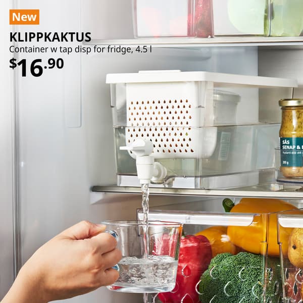 A transparent with white cover KLIPPKAKTUS container with tap dispenser for fridge is placed in the fridge. An orange "NEW" label is on the top left of the image with black text that reads: KLIPPKAKTUS, Container w tap disp for fridge, 4.5 l. Price at $16.90.