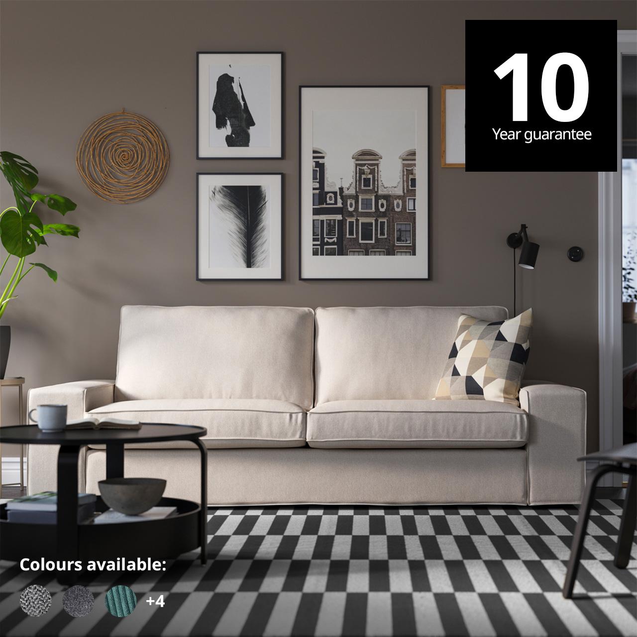 A Tresund light beige KIVIK 3-seat sofa in a living room setting.  A 10-year guarantee tag is placed over the image at the top right corner. White text overlay image that reads "Colours available:" with the colour swatch of Tibbleby beige/grey, Gunnared medium grey and Kelinge grey-turquoise.