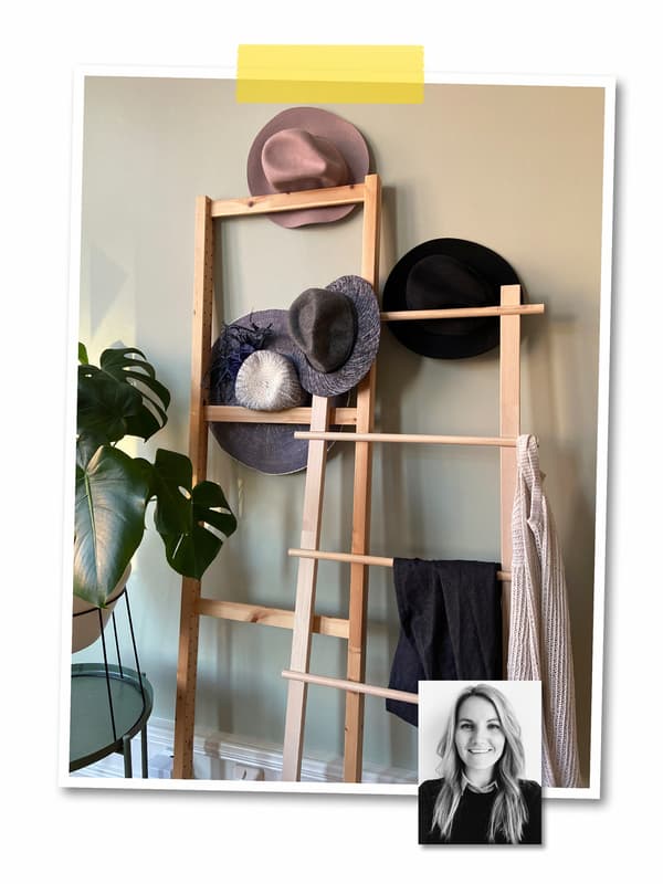 A two-image collage: hats and accessories on a VILTO towel stand leaning against a wall, and a portrait of an IKEA co-worker.