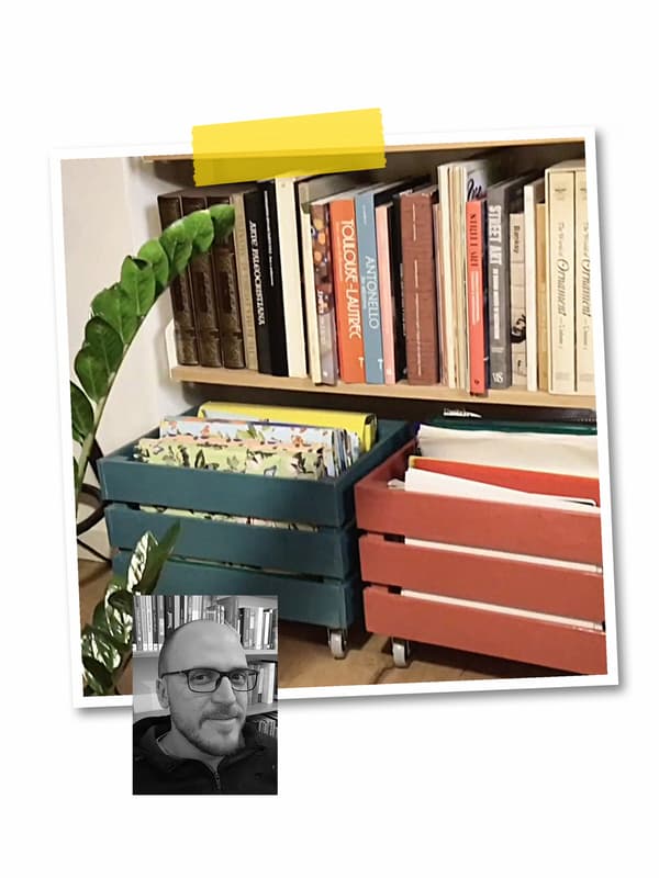 A two-image collage: painted KNAGGLIG boxes on casters below a wall shelf full of books, and a portrait of an IKEA co-worker.