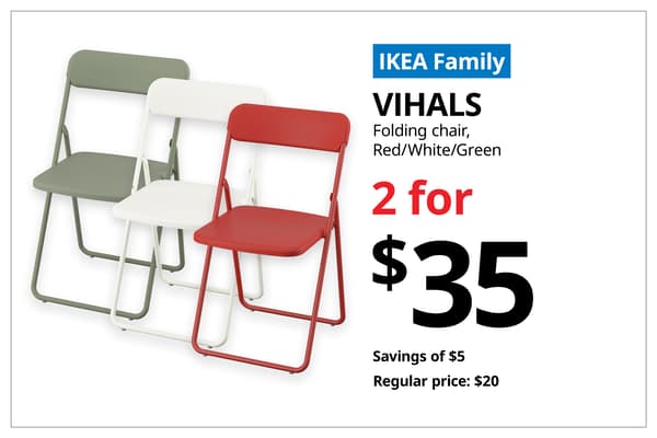 A variation of VIHALS folding chair product shot on the left. On the right, a blue tag with white text that reads 'IKEA Family', followed by black text on image that reads 