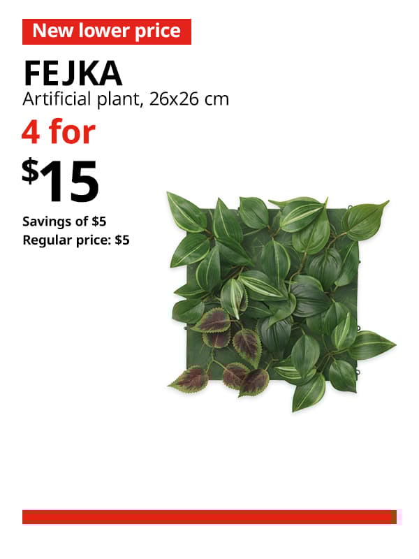 A wall mounted/in/outdoor green/lilacFEJKA artificial plant in 26x26 cm. A red 'New lower price' tag, followed by black text that reads "FEJKA, Artificial plant, 26x26 cm" Multibuy deal of 4 for $15, with savings of $5. Regular price, $5.