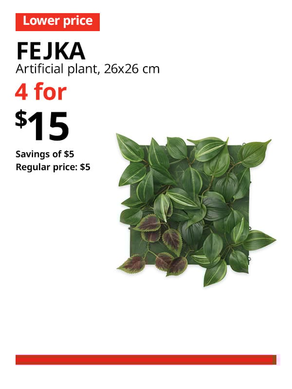 A wall mounted/in/outdoor green/lilacFEJKA artificial plant in 26x26 cm. A red 'Lower price' tag, followed by black text that reads "FEJKA, Artificial plant, 26x26 cm" Multibuy deal of 4 for $15, with savings of $5. Regular price, $5.