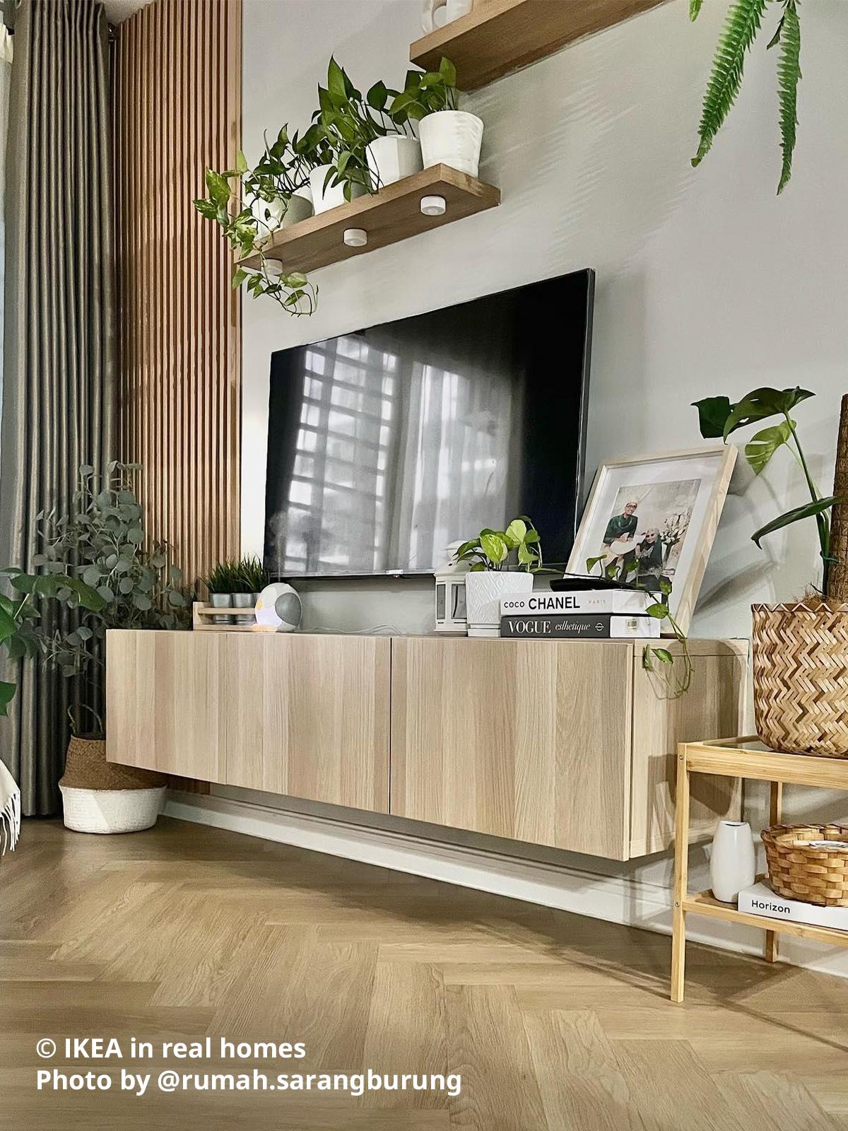 A wall-mounted white stained oak effect BESTA TV bench in a living room setting. IKEA in real homes Photo by @rumah.sarangburung