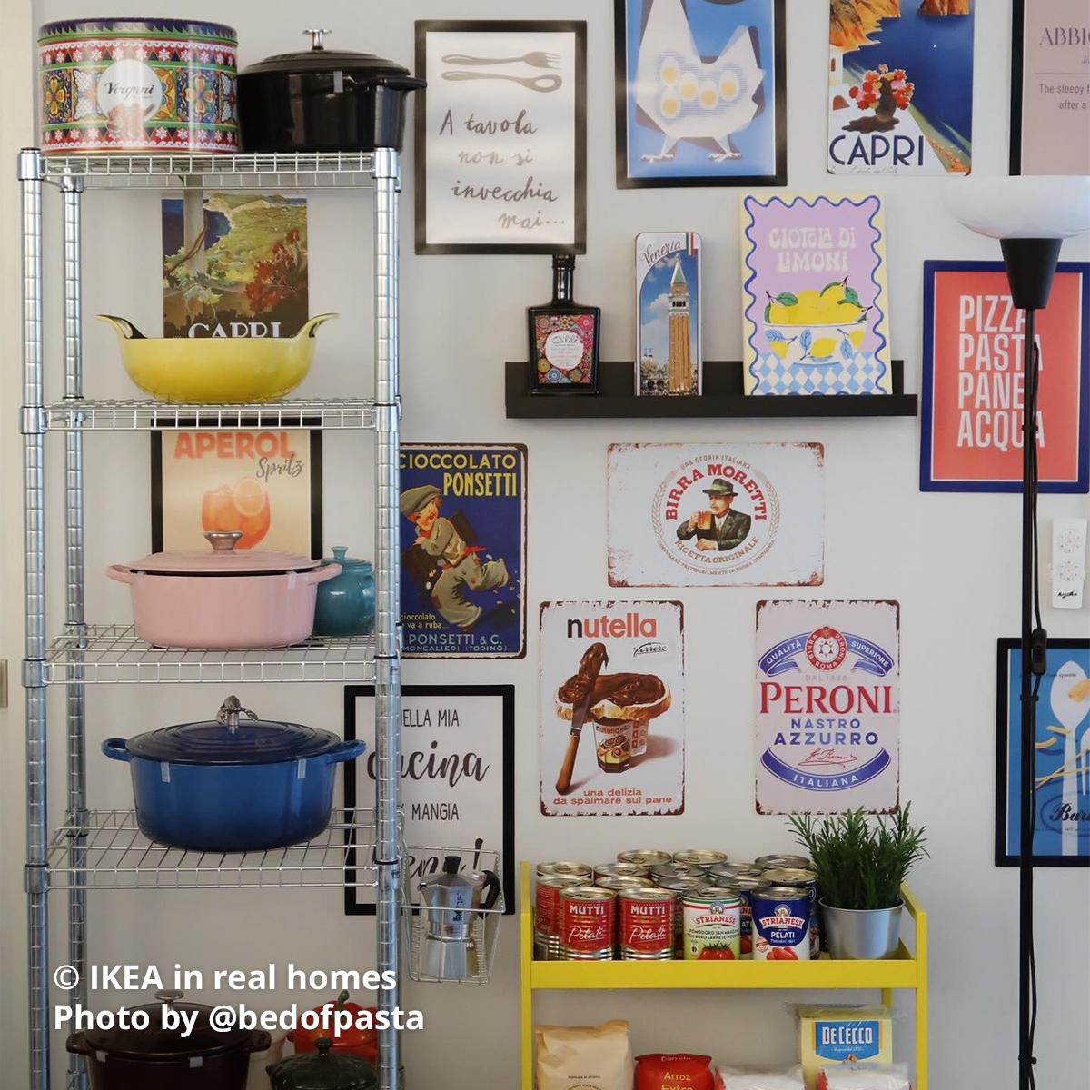A well decorated wall with OMAR shelving, LACK wall shelf and a yellow NISSAFORS placed at the dining area featuring IKEA in real homes Photo by @bedofpasta