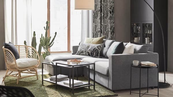 A well-lit modern living room with a gray sofa, rattan chair, cactus, and a two-tier coffee table.