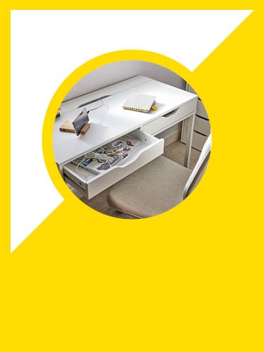 a white ALEX desk with an open drawer