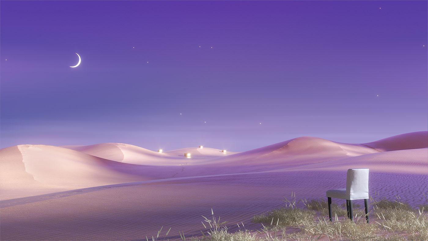 A white and blue-striped BERGMUND chair, with black legs, stands on a grassy ridge above a violet-coloured desert landscape.