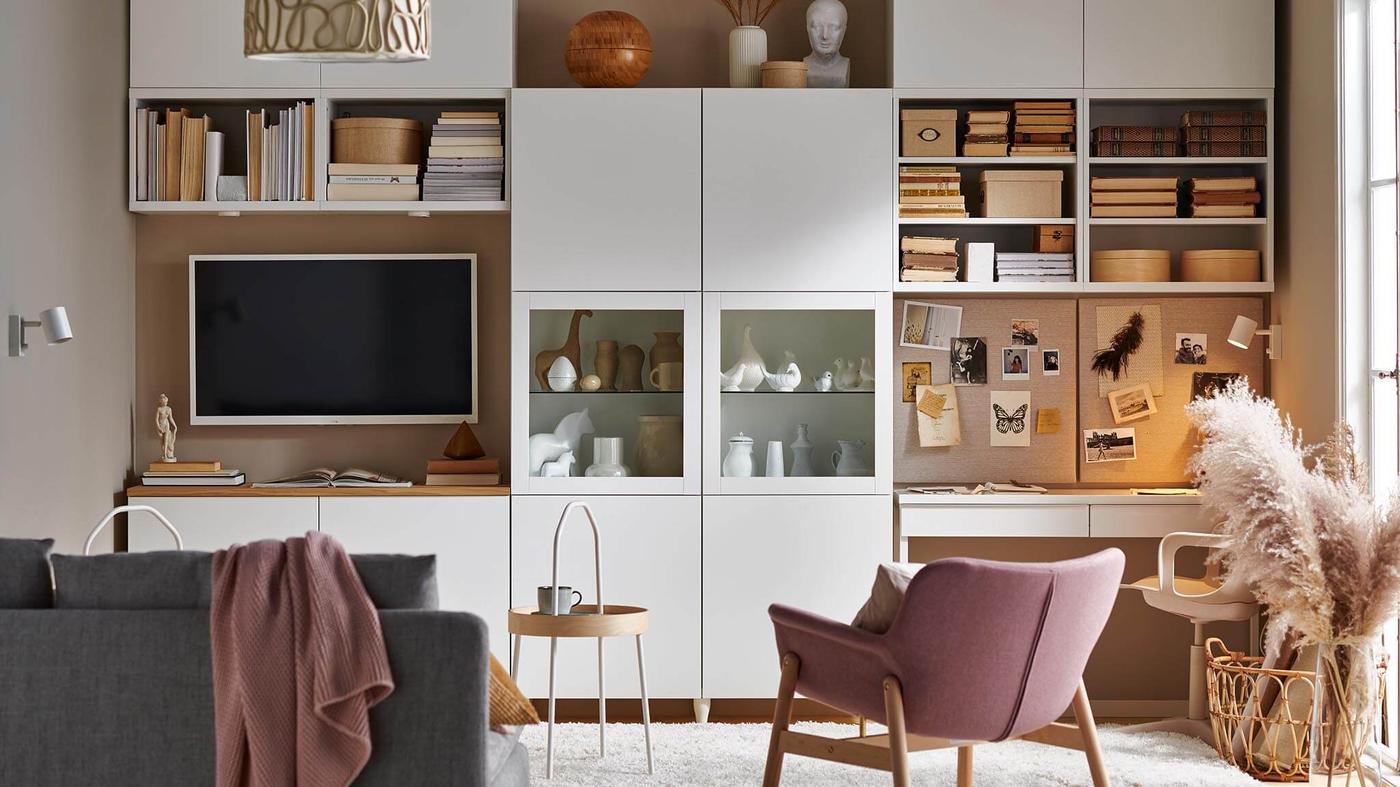 IKEA BESTÅ/GLASSVIK】組み立て途中品 3台セット ランプ付き BESTÅ storage combination with doors, white Lappviken