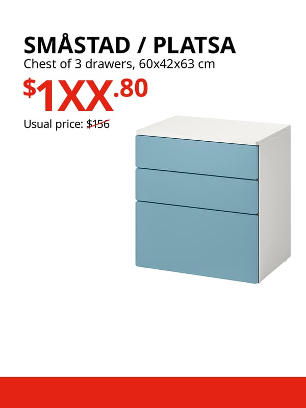 A white/blue SMÅSTAD / PLATSA chest of 3 drawers on a white background with black text that reads "SMÅSTAD / PLATSA, Chest of 3 drawers, Usual price: $156", price in red text that reads "$1XX.80".