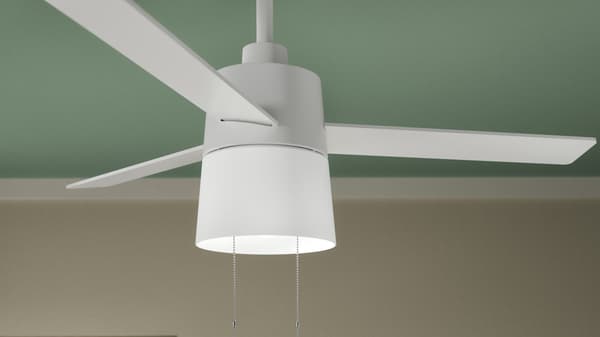 A white ceiling fan with a light in it.