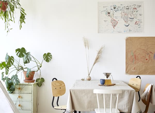 A white dining area with wooden chairs and a large Swiss cheese plant.