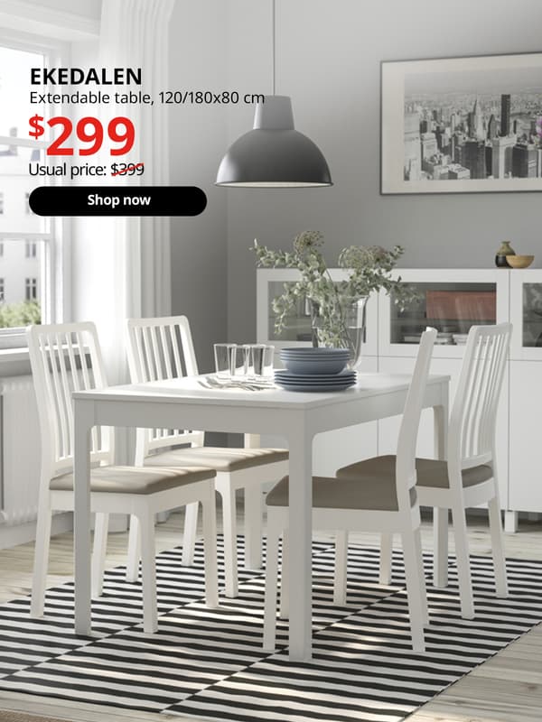 A white EKEDALEN extendable dining table in a dining room setting. Black text over image that reads "EKEDALEN, Extendable table, 120/180x80 cm. Price at $299, Usual price $399"