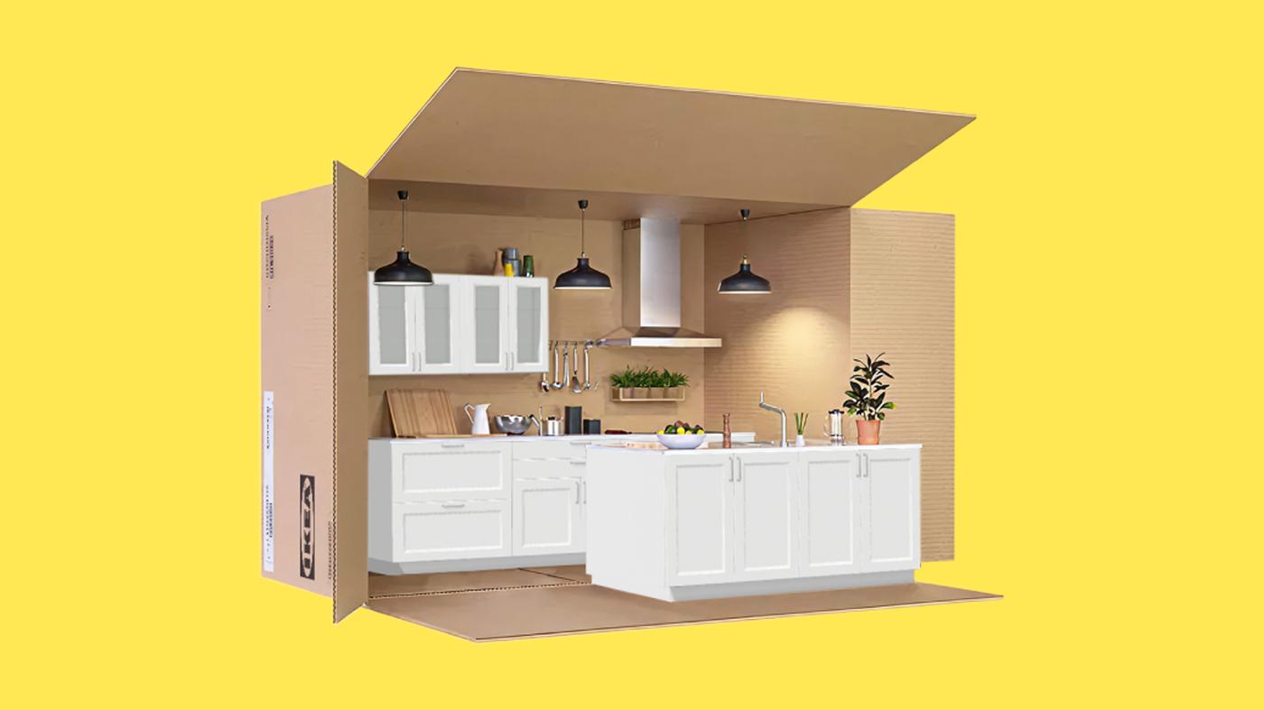 A white ikea kitchen coming out of an ikea box