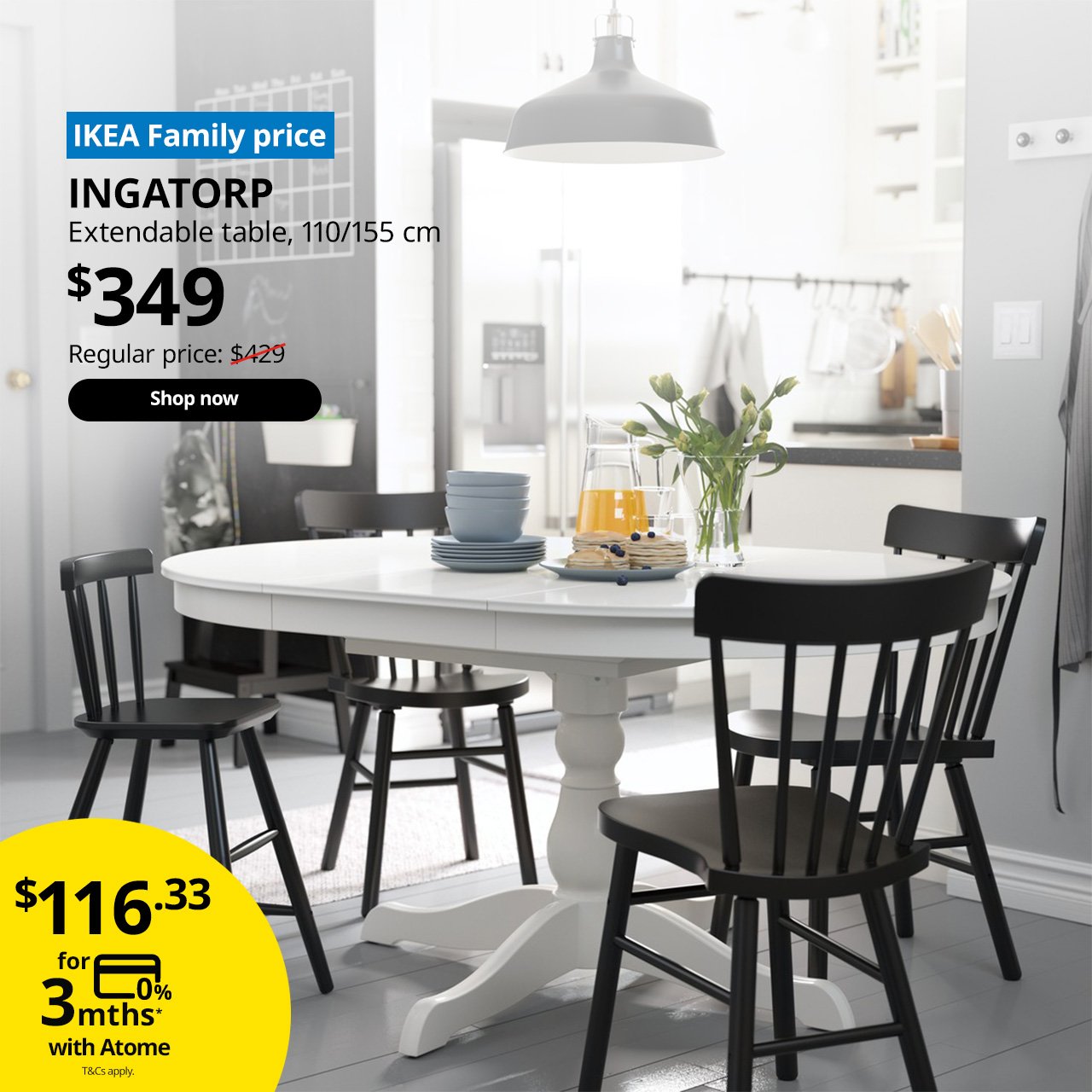 A white INGATORP extendable dining table in a dining room setting. A blue tag with white text that reads "IKEA Family price", followed by black text overlaying the image that reads "INGATORP, Extendable table, 110/155 cm, $349, Regular price $429".