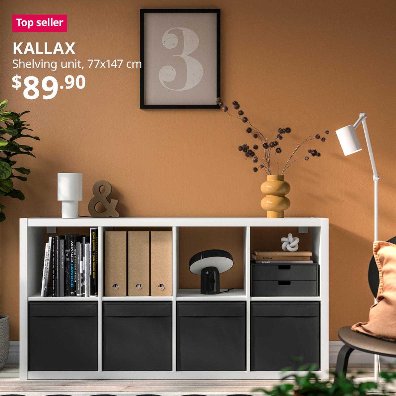 A white KALLAX shelving unit in a living room setting. A red "Top seller" label is on the top left of image, with white text below that reads: KALLAX, Shelving unit, 77x147 cm. Price: $89.90.